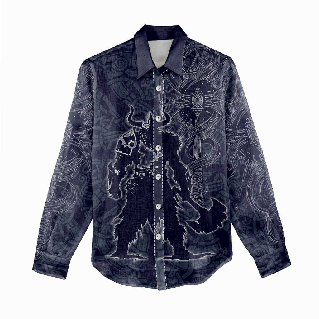 Odin Silhouette with Raven and Valknut Women Casual Shirt Nordic Mythology Line Art Illustration