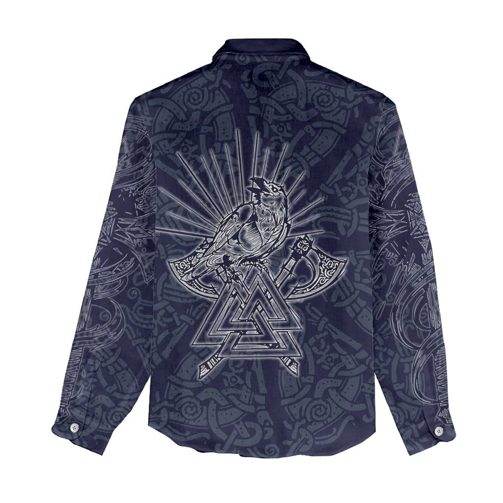 Odin Silhouette with Raven and Valknut Women Casual Shirt Nordic Mythology Line Art Illustration