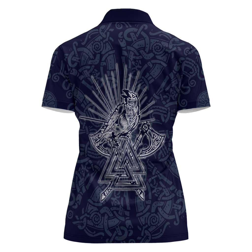 Odin Silhouette with Raven and Valknut Women Polo Shirt Nordic Mythology Line Art Illustration