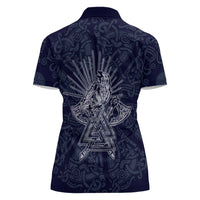 Odin Silhouette with Raven and Valknut Women Polo Shirt Nordic Mythology Line Art Illustration