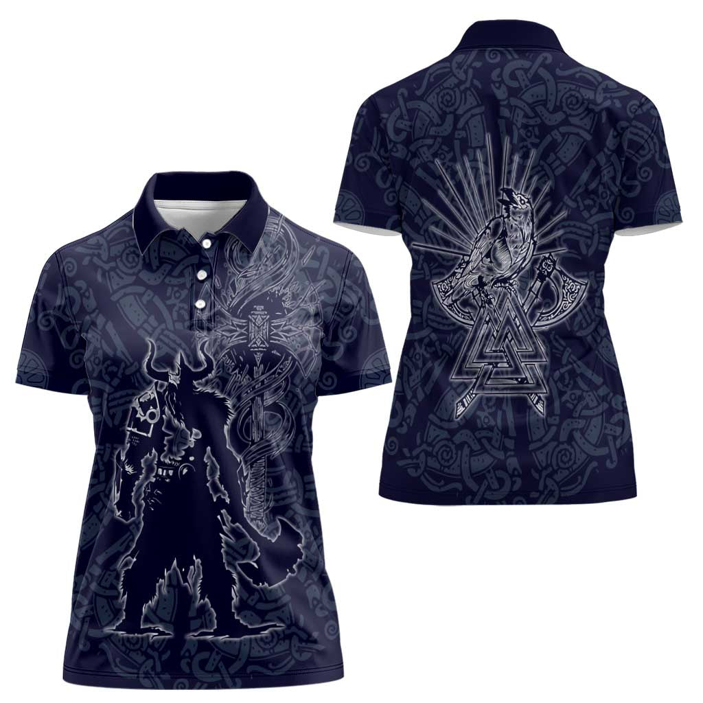 Odin Silhouette with Raven and Valknut Women Polo Shirt Nordic Mythology Line Art Illustration