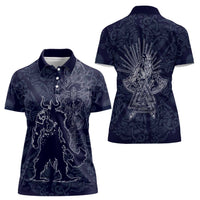 Odin Silhouette with Raven and Valknut Women Polo Shirt Nordic Mythology Line Art Illustration