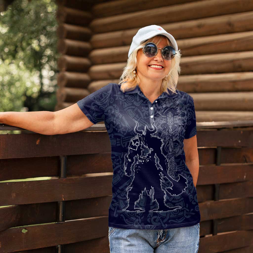 Odin Silhouette with Raven and Valknut Women Polo Shirt Nordic Mythology Line Art Illustration