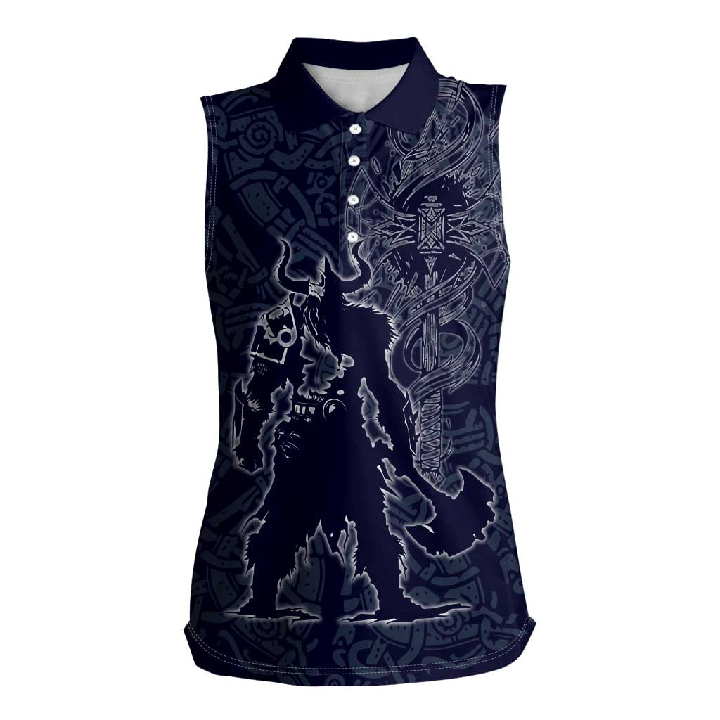 Odin Silhouette with Raven and Valknut Women Sleeveless Polo Shirt Nordic Mythology Line Art Illustration