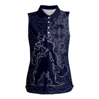 Odin Silhouette with Raven and Valknut Women Sleeveless Polo Shirt Nordic Mythology Line Art Illustration