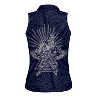 Odin Silhouette with Raven and Valknut Women Sleeveless Polo Shirt Nordic Mythology Line Art Illustration