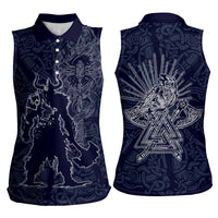 Odin Silhouette with Raven and Valknut Women Sleeveless Polo Shirt Nordic Mythology Line Art Illustration