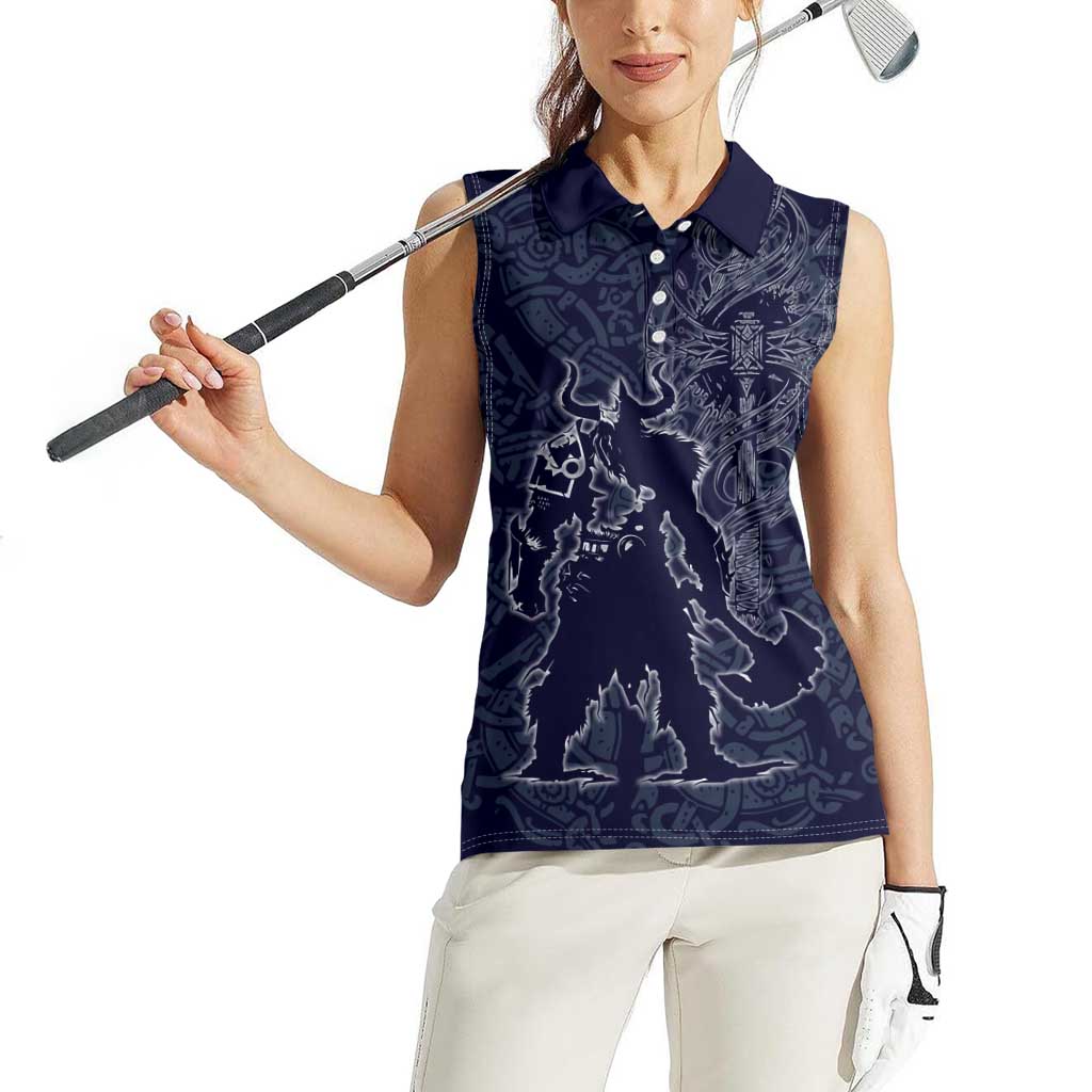 Odin Silhouette with Raven and Valknut Women Sleeveless Polo Shirt Nordic Mythology Line Art Illustration