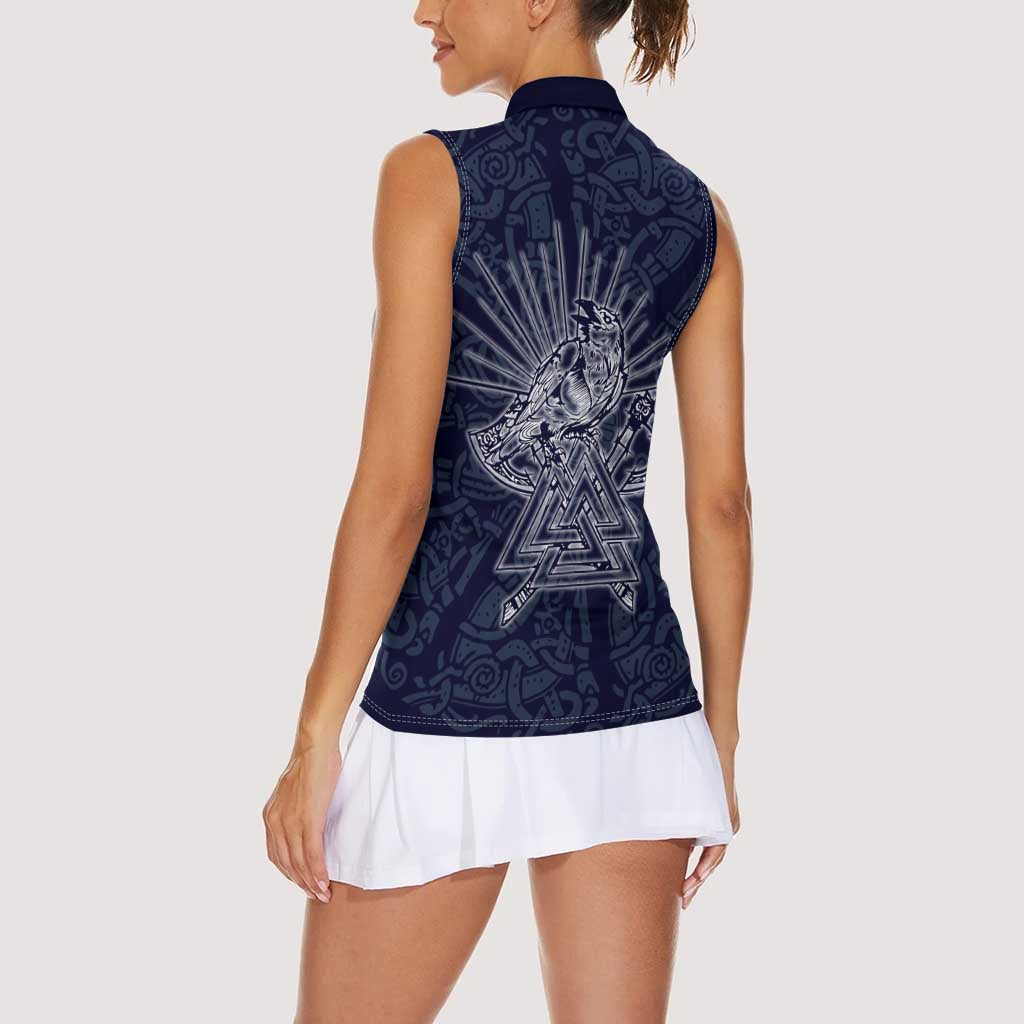 Odin Silhouette with Raven and Valknut Women Sleeveless Polo Shirt Nordic Mythology Line Art Illustration
