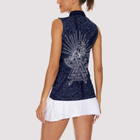 Odin Silhouette with Raven and Valknut Women Sleeveless Polo Shirt Nordic Mythology Line Art Illustration