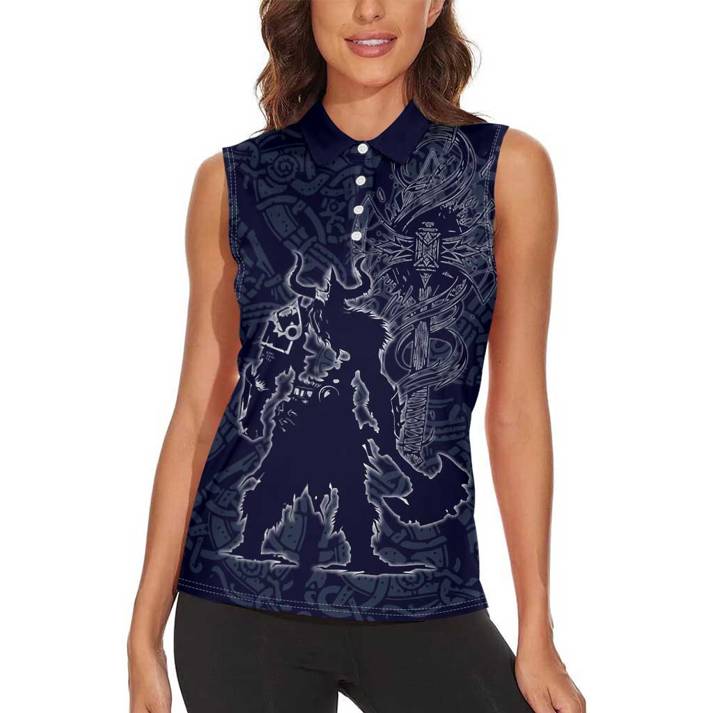 Odin Silhouette with Raven and Valknut Women Sleeveless Polo Shirt Nordic Mythology Line Art Illustration