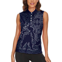 Odin Silhouette with Raven and Valknut Women Sleeveless Polo Shirt Nordic Mythology Line Art Illustration