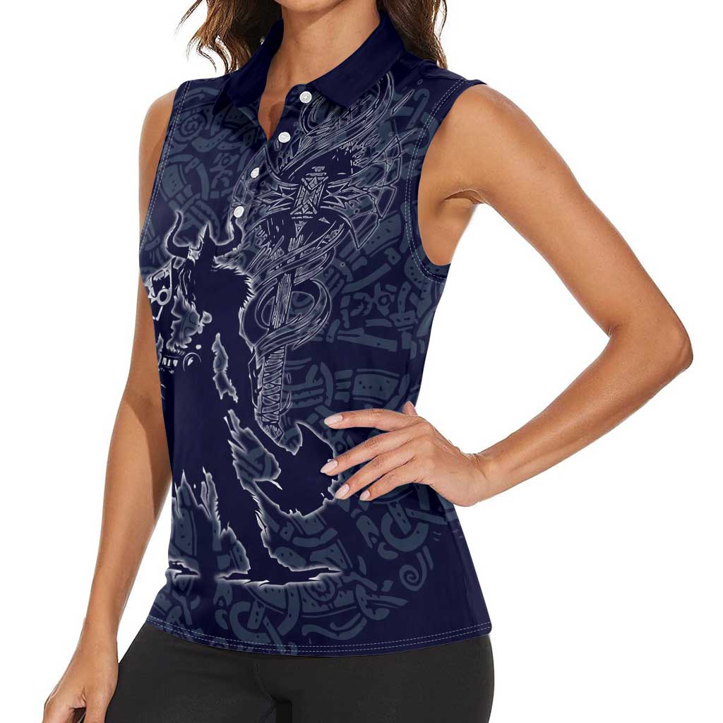 Odin Silhouette with Raven and Valknut Women Sleeveless Polo Shirt Nordic Mythology Line Art Illustration