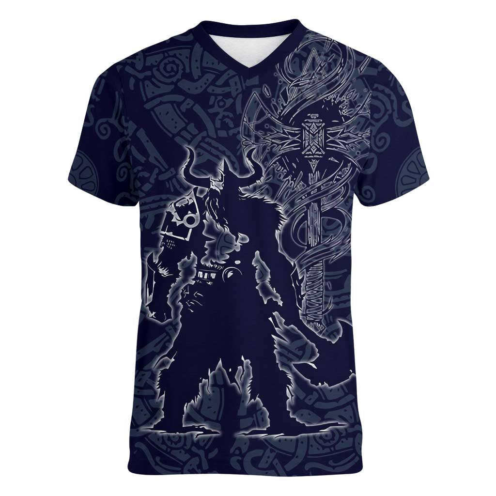 Odin Silhouette with Raven and Valknut Women V-Neck T-Shirt Nordic Mythology Line Art Illustration