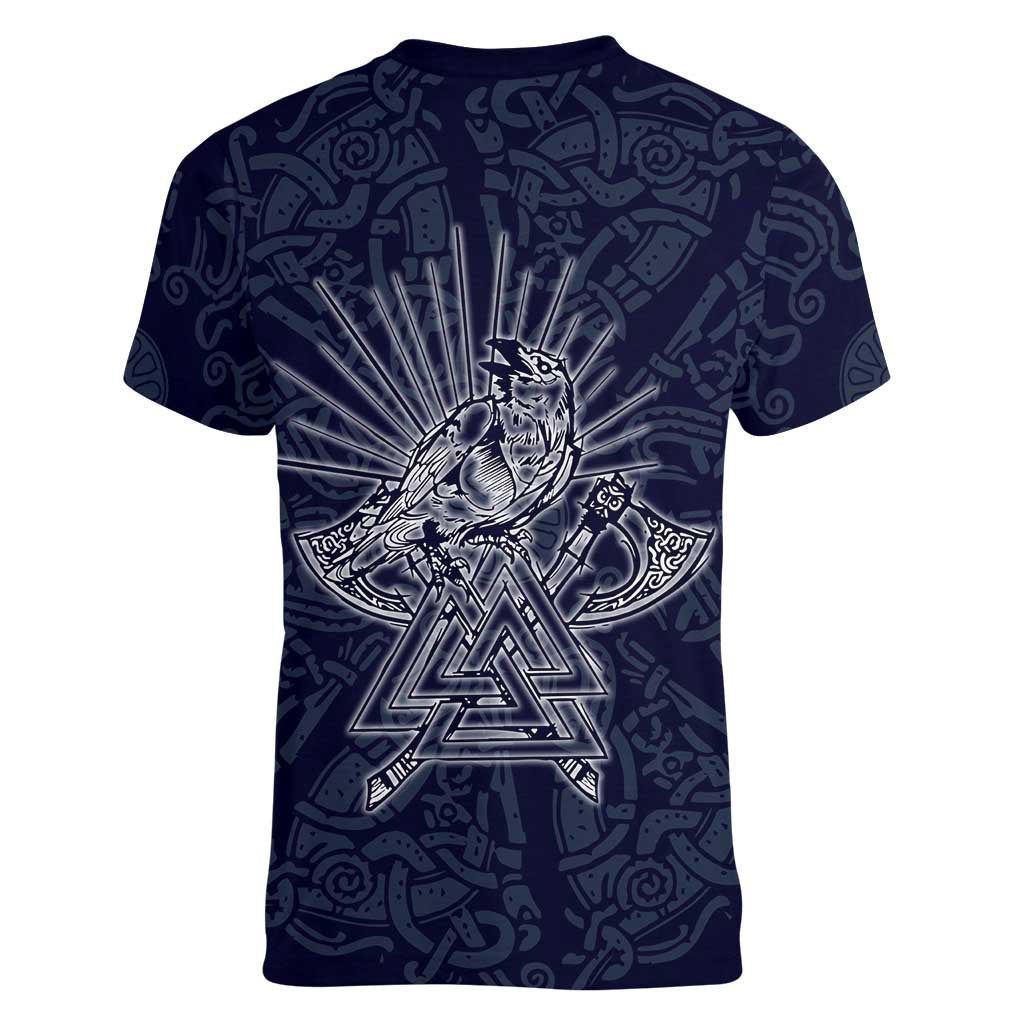 Odin Silhouette with Raven and Valknut Women V-Neck T-Shirt Nordic Mythology Line Art Illustration