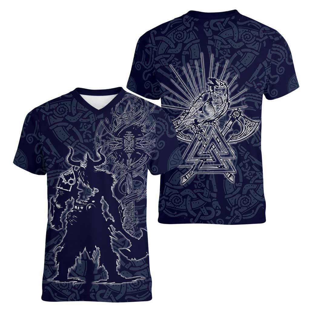 Odin Silhouette with Raven and Valknut Women V-Neck T-Shirt Nordic Mythology Line Art Illustration