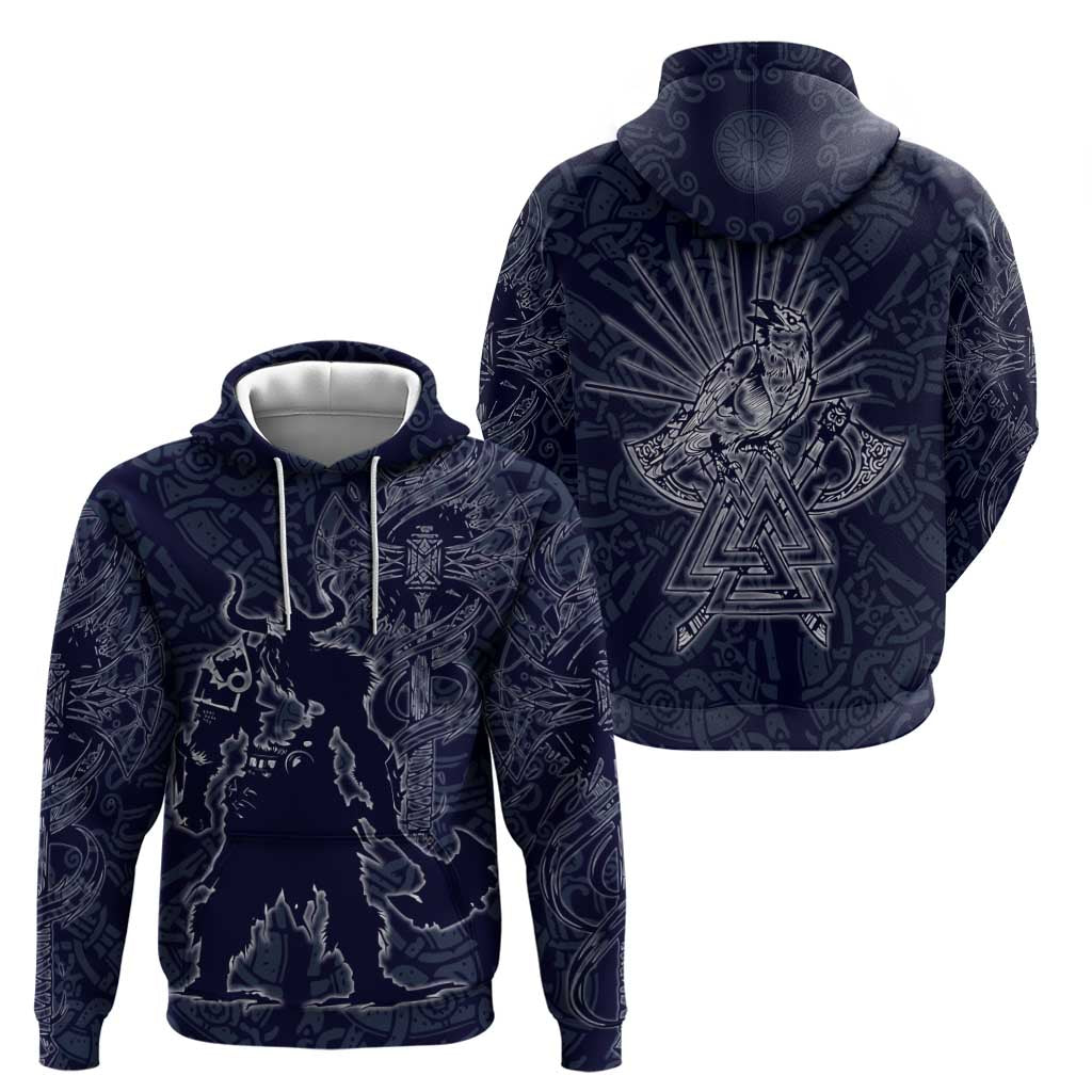 Odin Silhouette with Raven and Valknut Zip Hoodie Nordic Mythology Line Art Illustration
