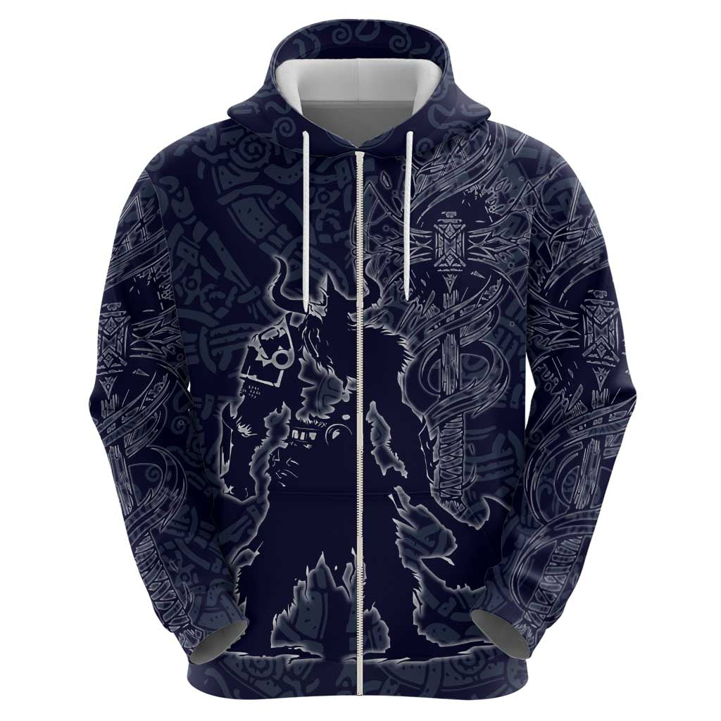 Odin Silhouette with Raven and Valknut Zip Hoodie Nordic Mythology Line Art Illustration