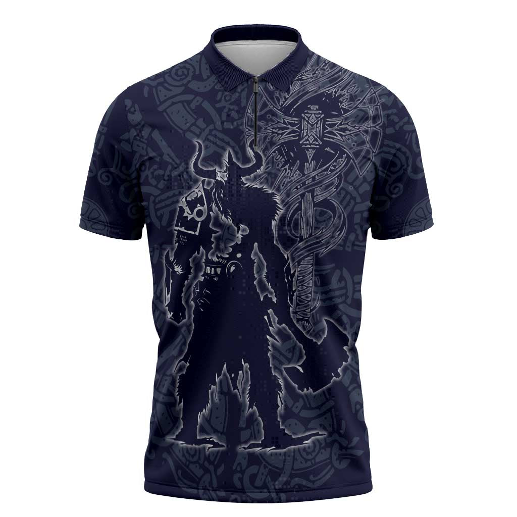 Odin Silhouette with Raven and Valknut Zipper Polo Shirt Nordic Mythology Line Art Illustration