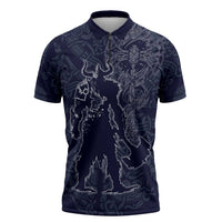 Odin Silhouette with Raven and Valknut Zipper Polo Shirt Nordic Mythology Line Art Illustration