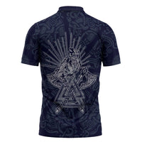 Odin Silhouette with Raven and Valknut Zipper Polo Shirt Nordic Mythology Line Art Illustration
