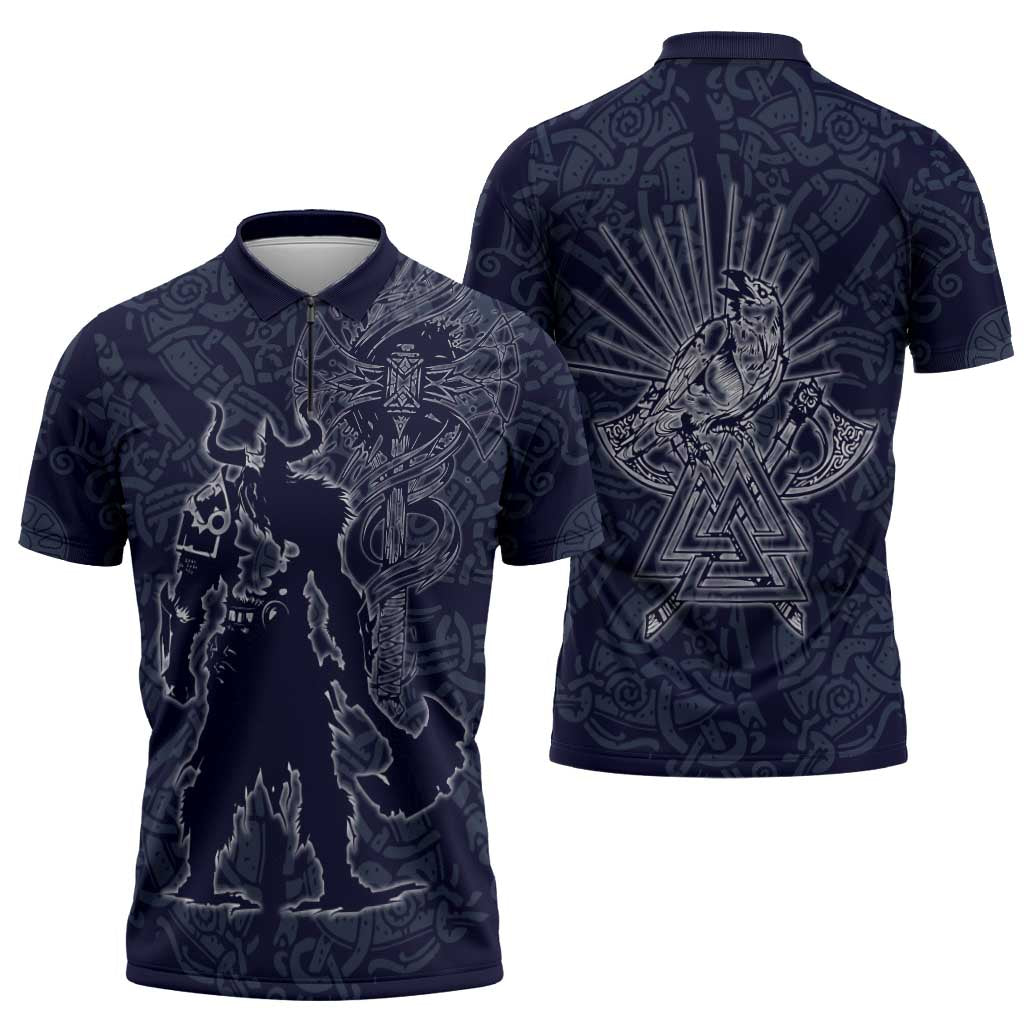 Odin Silhouette with Raven and Valknut Zipper Polo Shirt Nordic Mythology Line Art Illustration