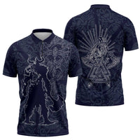 Odin Silhouette with Raven and Valknut Zipper Polo Shirt Nordic Mythology Line Art Illustration