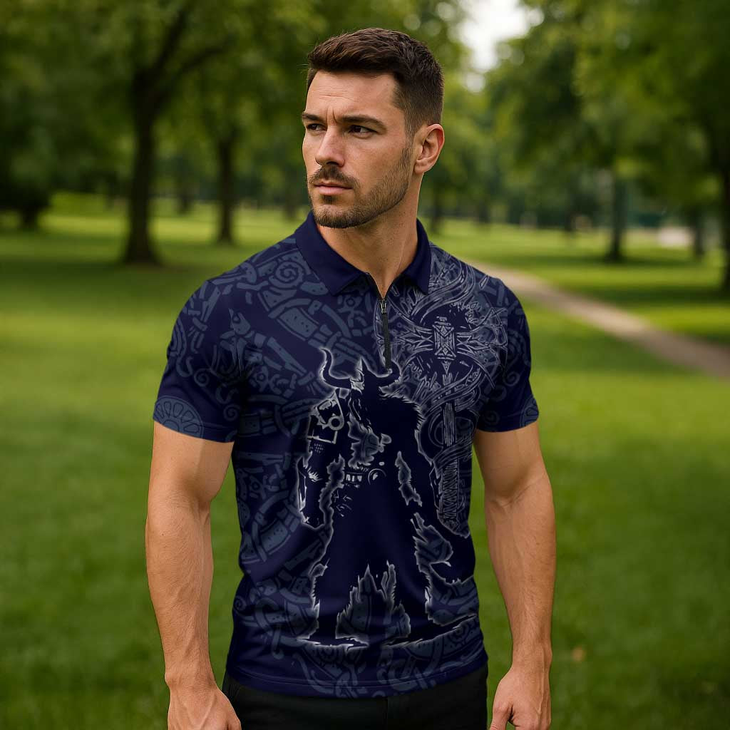 Odin Silhouette with Raven and Valknut Zipper Polo Shirt Nordic Mythology Line Art Illustration