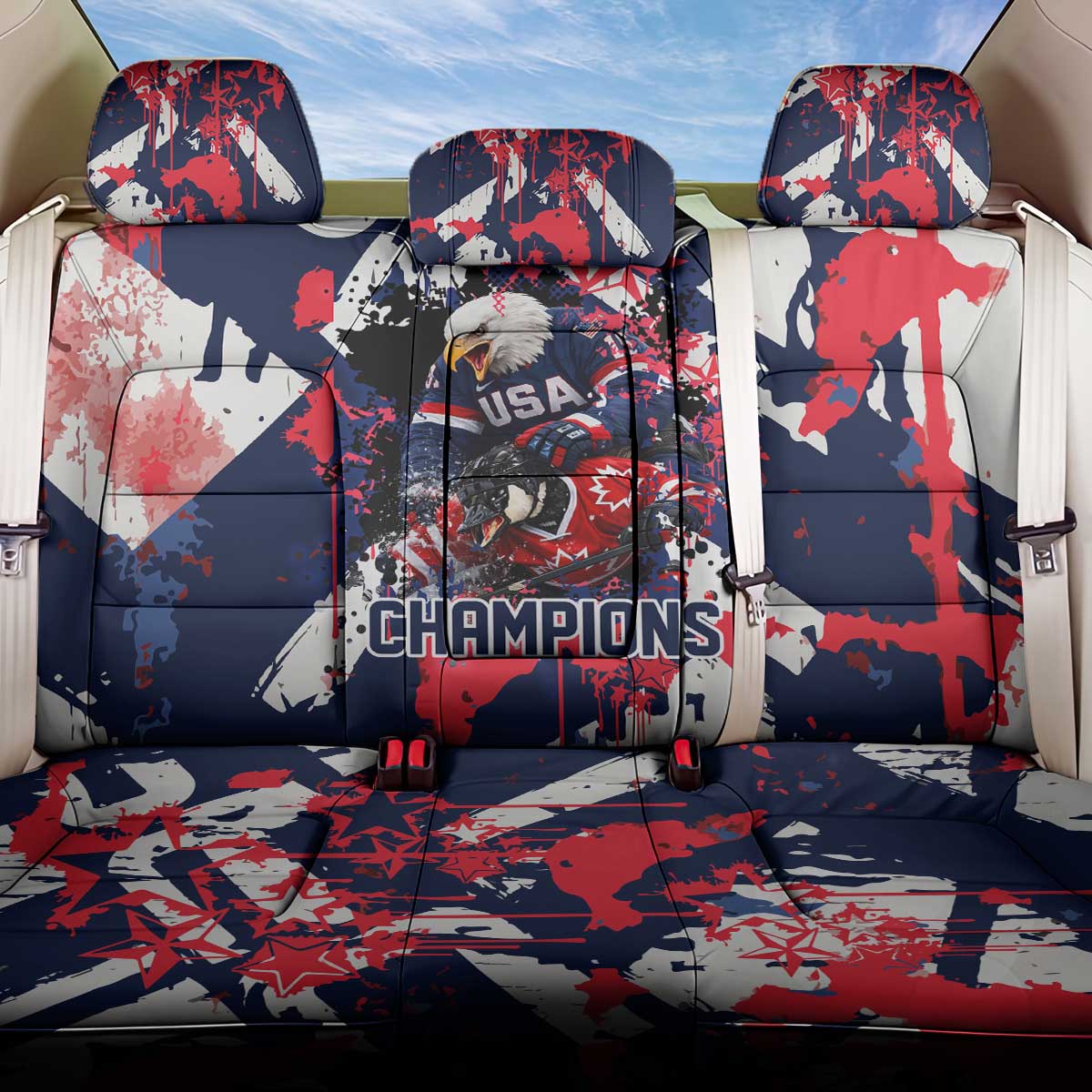 USA Ice Hockey Champions Eagle Back Car Seat Cover Patriotic Paint Splash Graffiti Art