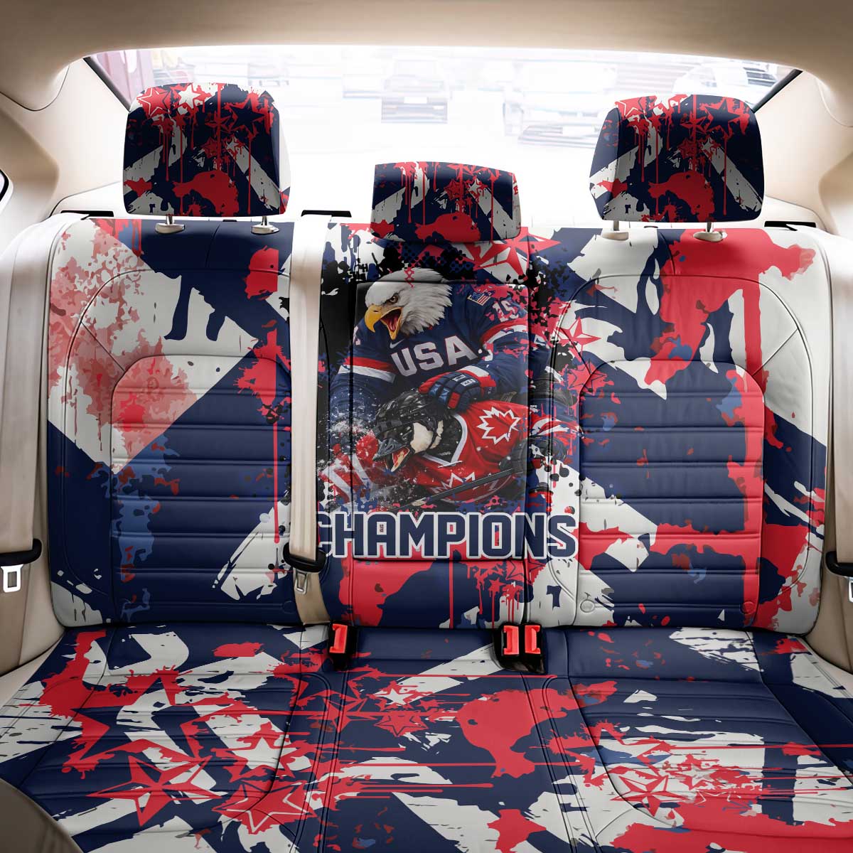USA Ice Hockey Champions Eagle Back Car Seat Cover Patriotic Paint Splash Graffiti Art