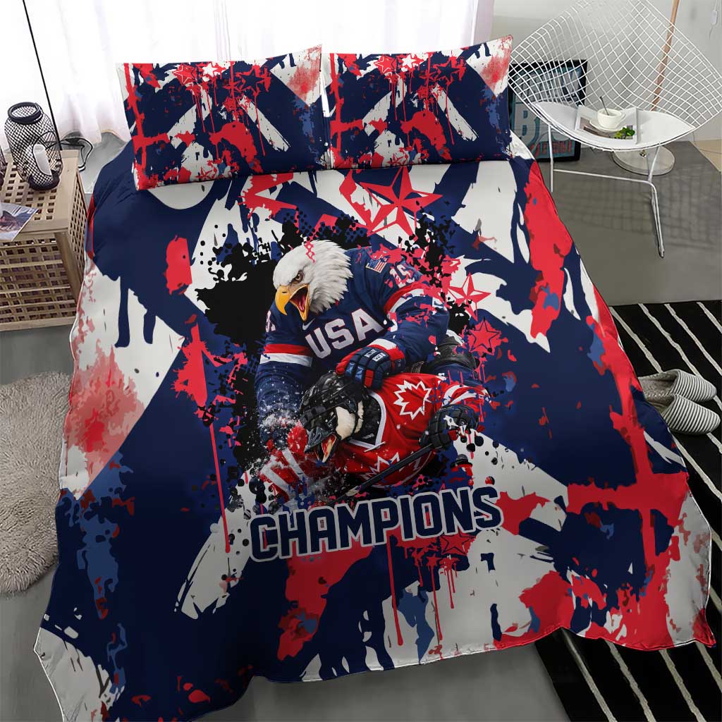 USA Ice Hockey Champions Eagle Bedding Set Patriotic Paint Splash Graffiti Art