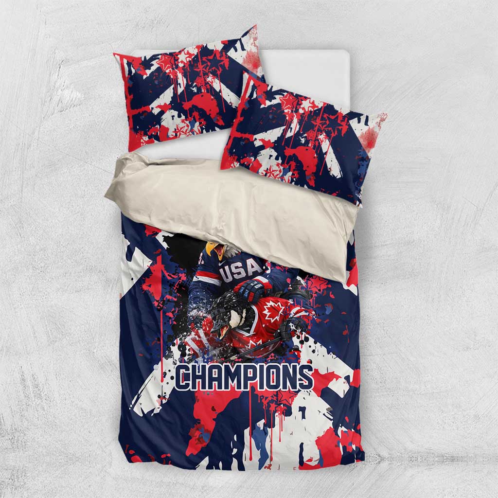 USA Ice Hockey Champions Eagle Bedding Set Patriotic Paint Splash Graffiti Art