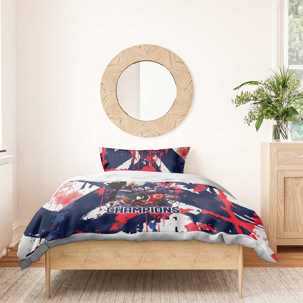 USA Ice Hockey Champions Eagle Bedding Set Patriotic Paint Splash Graffiti Art