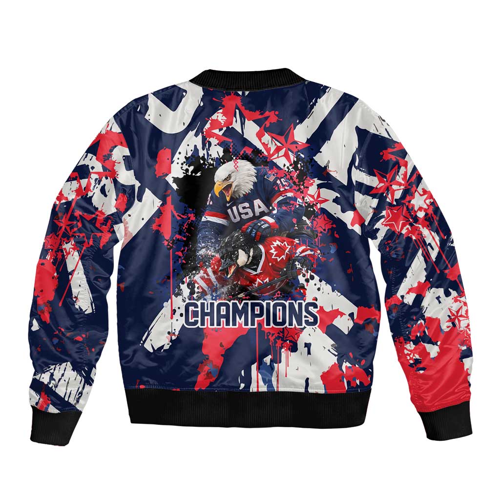 USA Ice Hockey Champions Eagle Bomber Jacket Patriotic Paint Splash Graffiti Art