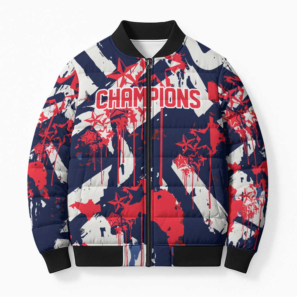 USA Ice Hockey Champions Eagle Bomber Puffer Jacket Patriotic Paint Splash Graffiti Art