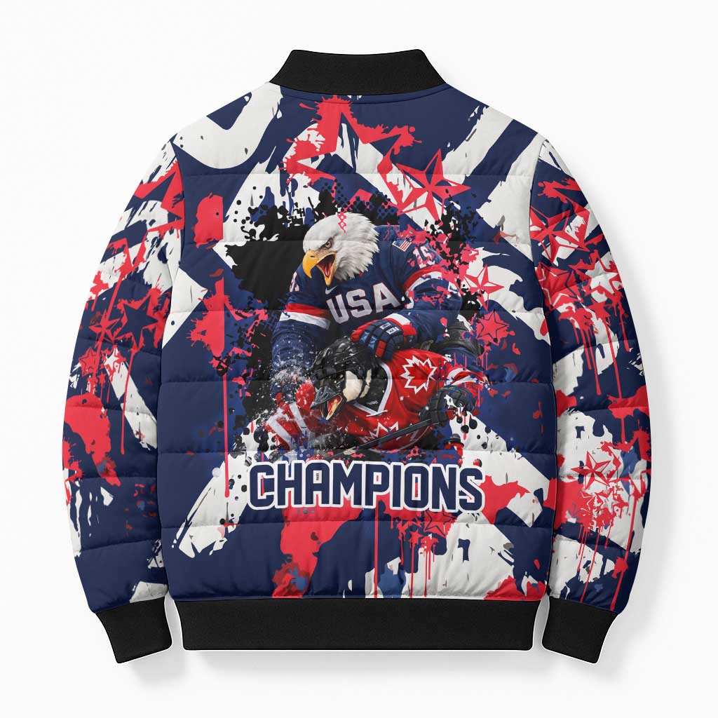 USA Ice Hockey Champions Eagle Bomber Puffer Jacket Patriotic Paint Splash Graffiti Art