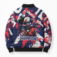 USA Ice Hockey Champions Eagle Bomber Puffer Jacket Patriotic Paint Splash Graffiti Art