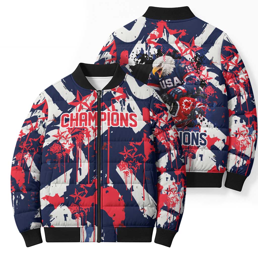USA Ice Hockey Champions Eagle Bomber Puffer Jacket Patriotic Paint Splash Graffiti Art