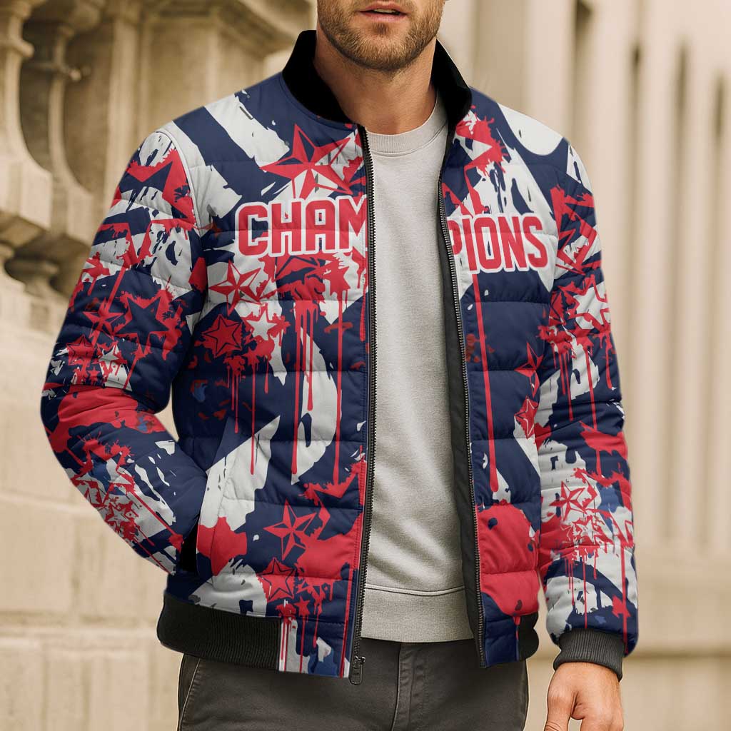 USA Ice Hockey Champions Eagle Bomber Puffer Jacket Patriotic Paint Splash Graffiti Art