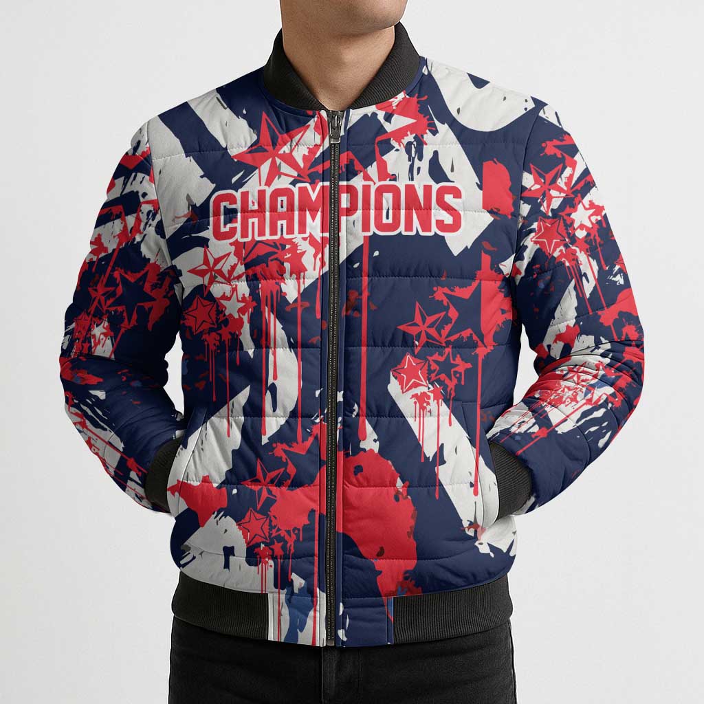 USA Ice Hockey Champions Eagle Bomber Puffer Jacket Patriotic Paint Splash Graffiti Art