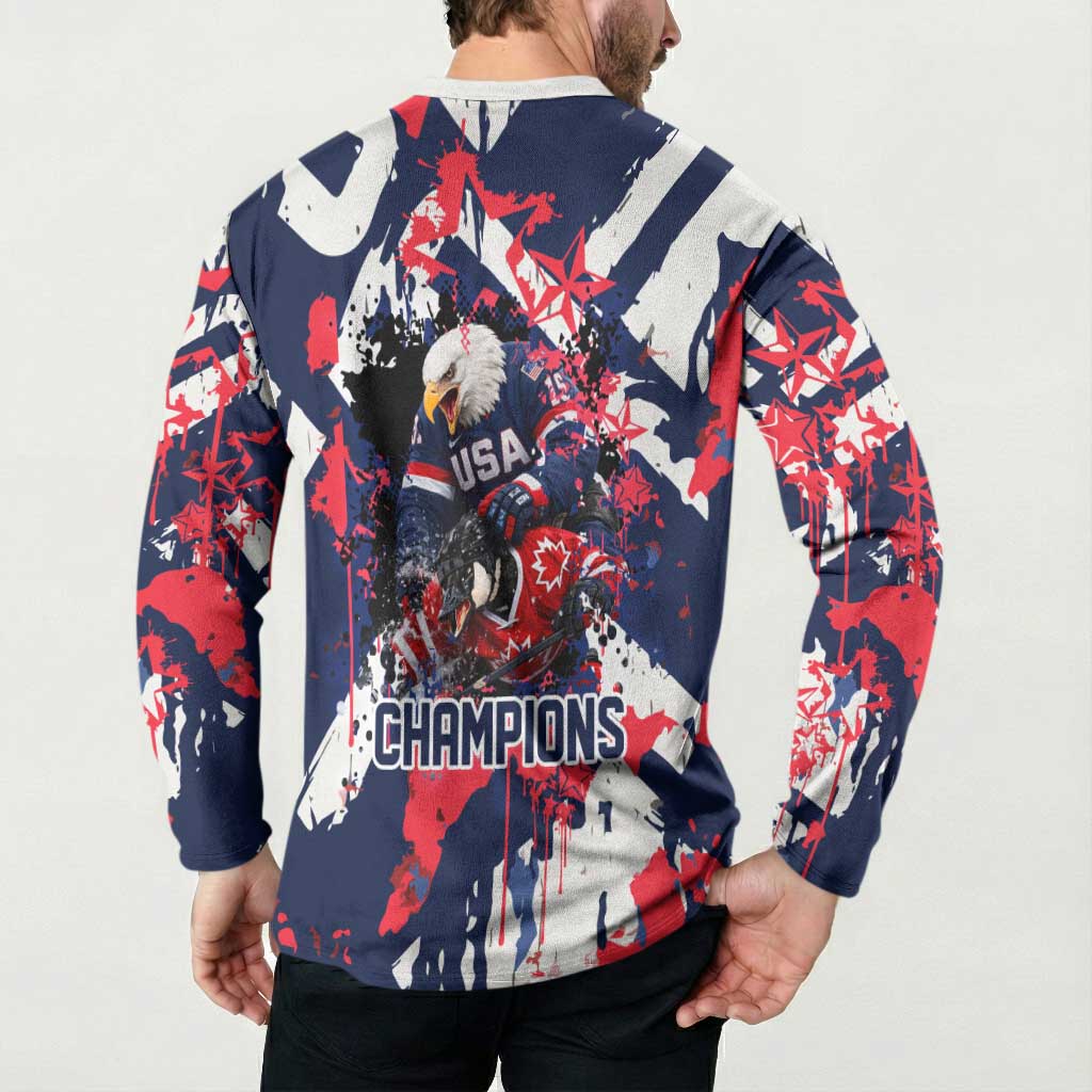 USA Ice Hockey Champions Eagle Button Sweatshirt Patriotic Paint Splash Graffiti Art