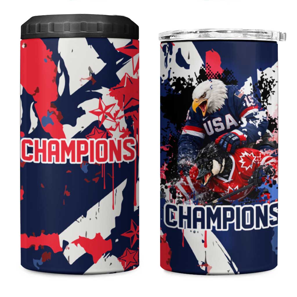USA Ice Hockey Champions Eagle 4 in 1 Can Cooler Tumbler Patriotic Paint Splash Graffiti Art