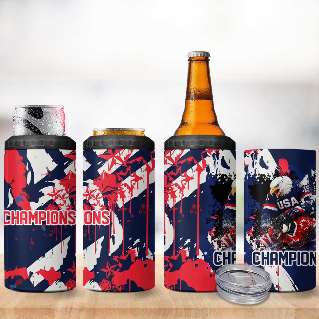 USA Ice Hockey Champions Eagle 4 in 1 Can Cooler Tumbler Patriotic Paint Splash Graffiti Art