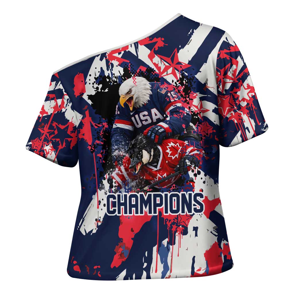 USA Ice Hockey Champions Eagle Cross Shoulder Shirt Patriotic Paint Splash Graffiti Art