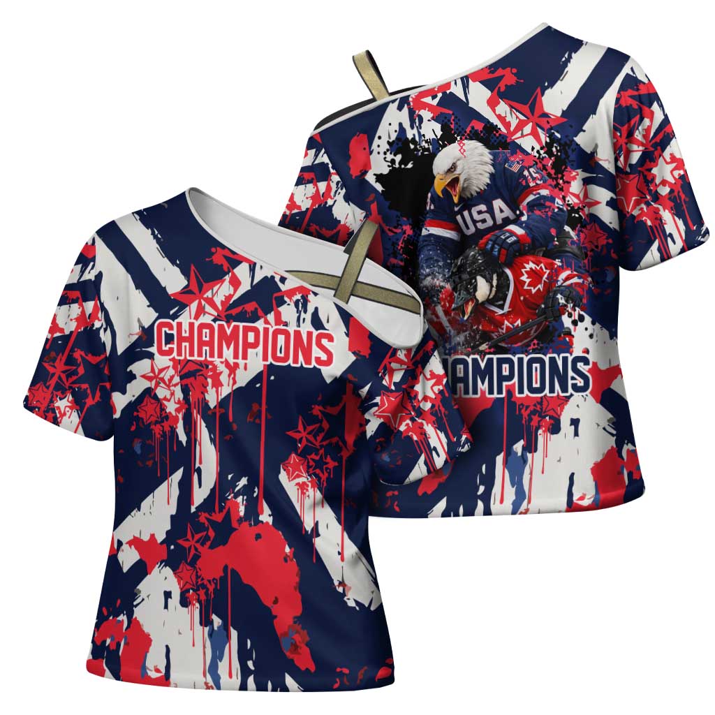USA Ice Hockey Champions Eagle Cross Shoulder Shirt Patriotic Paint Splash Graffiti Art