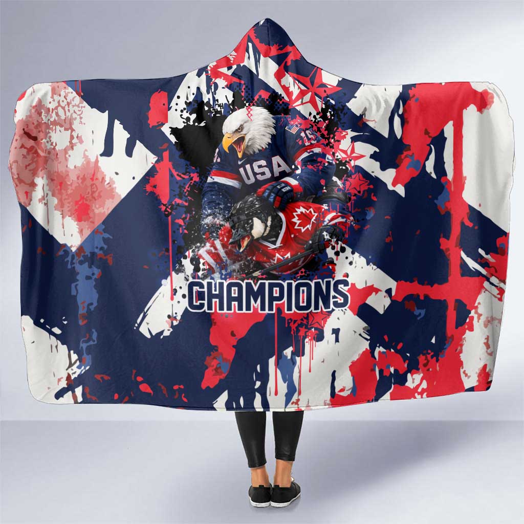 USA Ice Hockey Champions Eagle Hooded Blanket Patriotic Paint Splash Graffiti Art