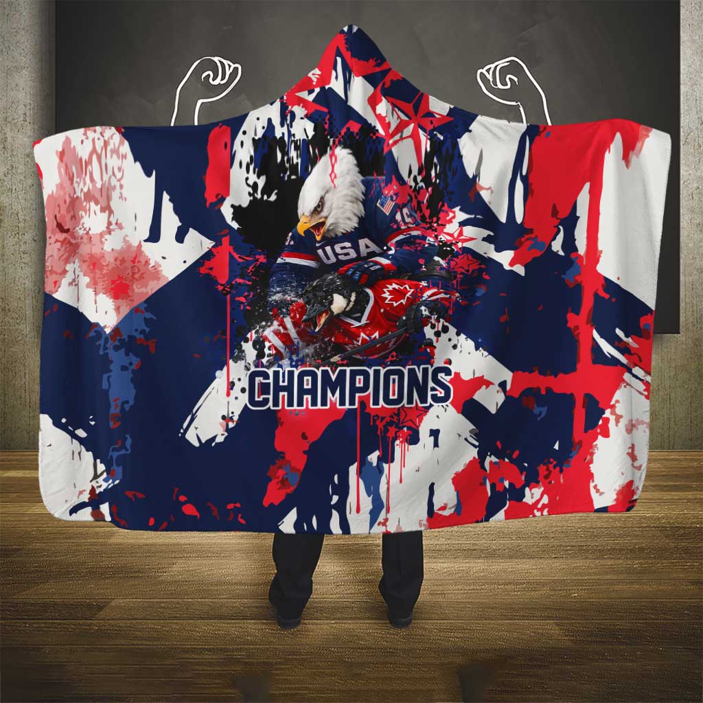 USA Ice Hockey Champions Eagle Hooded Blanket Patriotic Paint Splash Graffiti Art