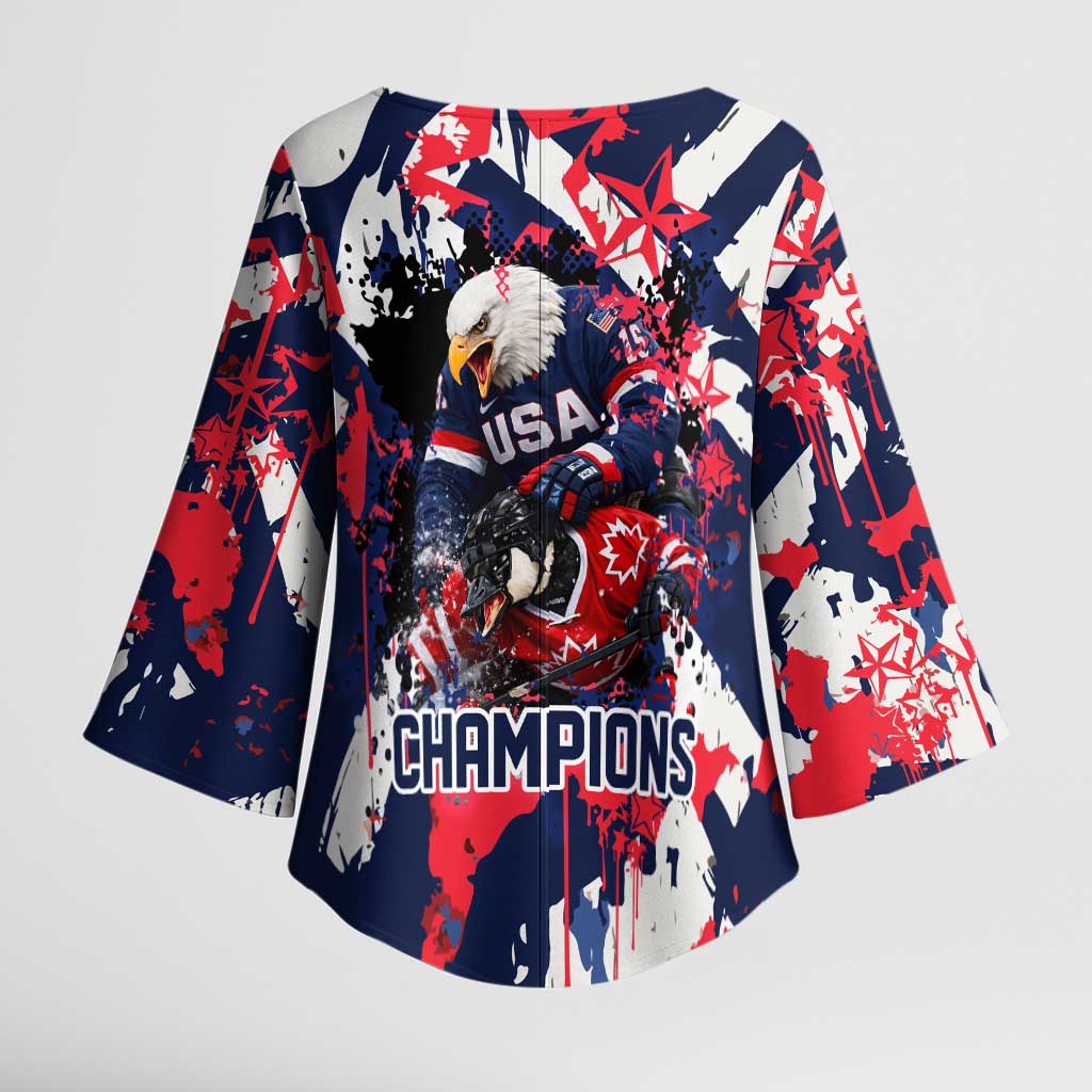 USA Ice Hockey Champions Eagle Kimono Sleeve Blouse Patriotic Paint Splash Graffiti Art