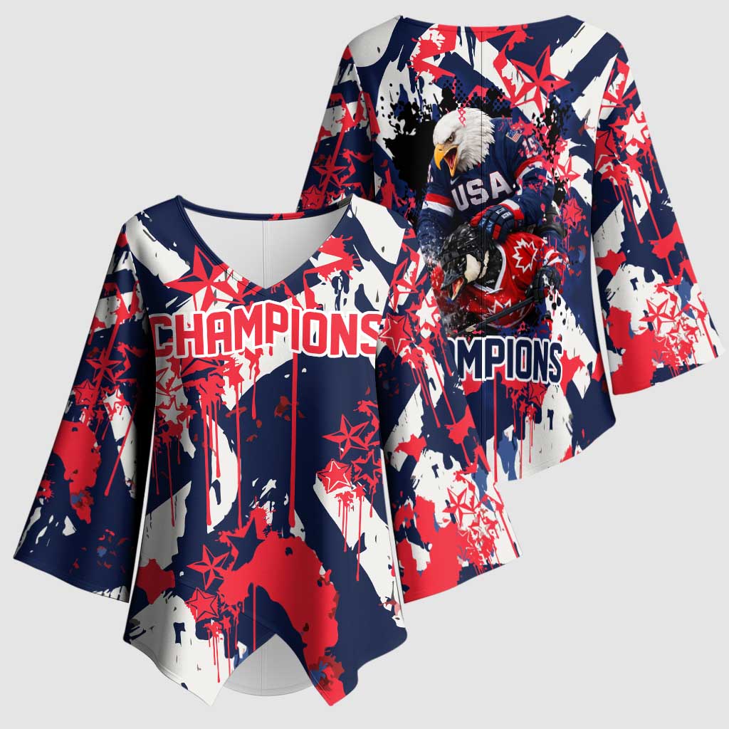 USA Ice Hockey Champions Eagle Kimono Sleeve Blouse Patriotic Paint Splash Graffiti Art