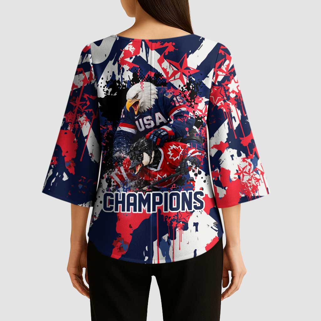 USA Ice Hockey Champions Eagle Kimono Sleeve Blouse Patriotic Paint Splash Graffiti Art